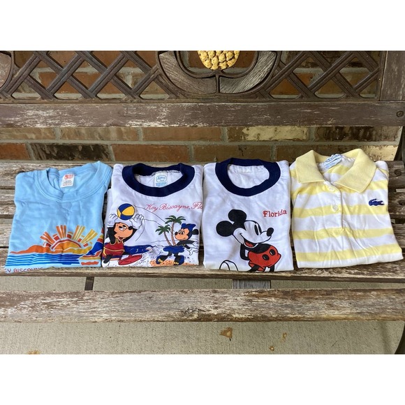 Lot of 4 80s Kid's Ringer T-shirt Polo Shirt Izod Lacoste Mickey Minnie Mouse - Picture 1 of 5